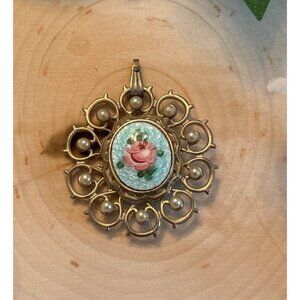 Vintage Gold-Tone Pendant With Rose Enamel  Romantic Rose Pendant Gold Tone